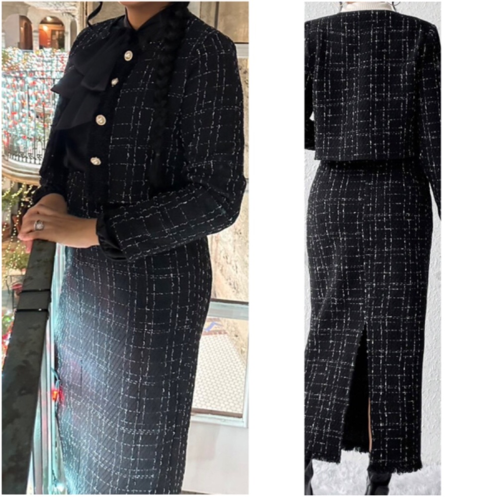 Classic Tweed Button Crop Jacket Midi Frayed Hem Skirt Set - Picture 2 of 10